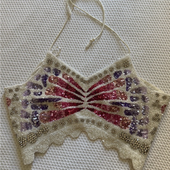 Retrofete Tops - Retrofete Cream Sequin Beaded Halter Crop Top with Pink and Purple Accents